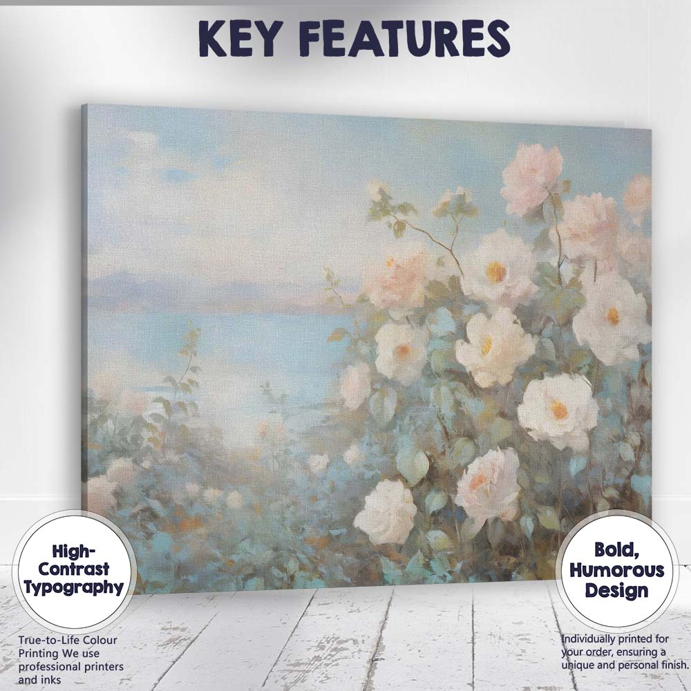 Soft White Rose Coastal Garden Floral Canvas Wall Art Print Decor Picture Ready to Hang