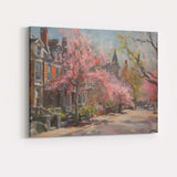 Impressionist Pink Blossom Tree Historic Town Street Spring Canvas Wall Art Print Decor Picture Ready to Hang