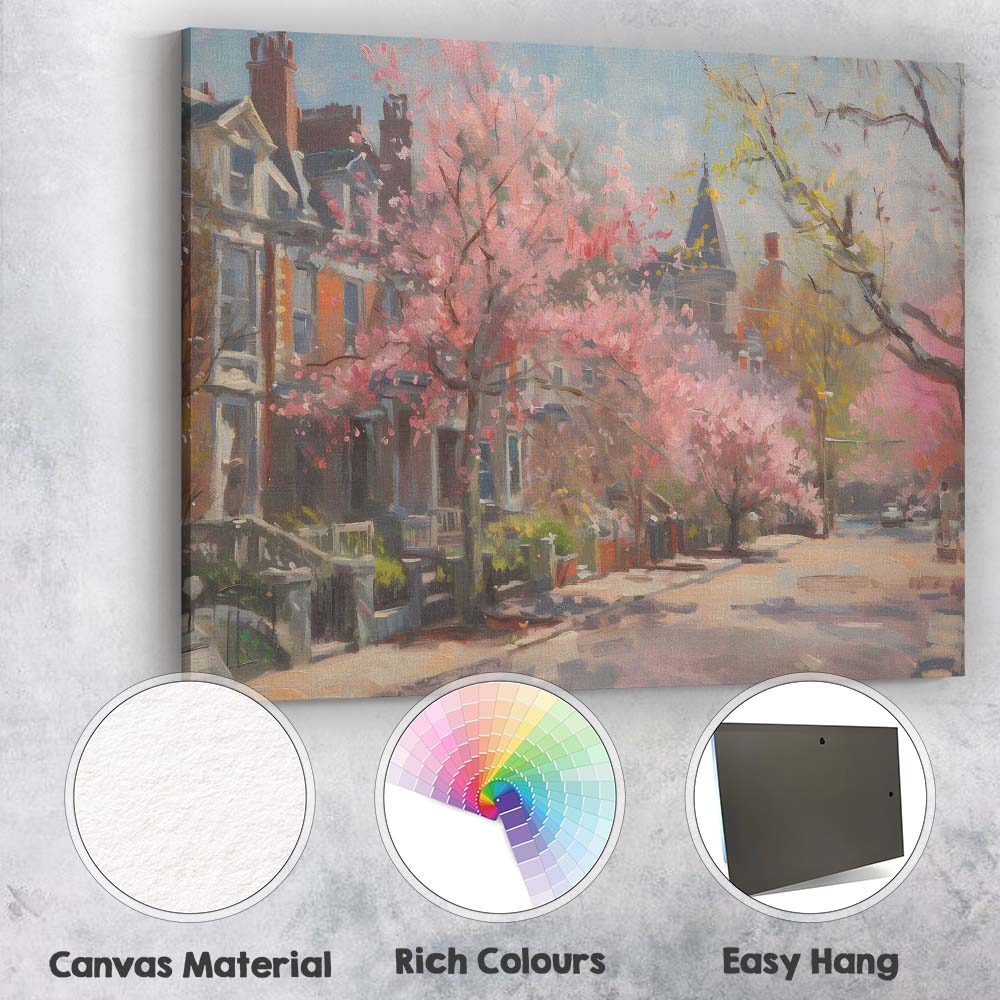 Impressionist Pink Blossom Tree Historic Town Street Spring Canvas Wall Art Print Decor Picture Ready to Hang