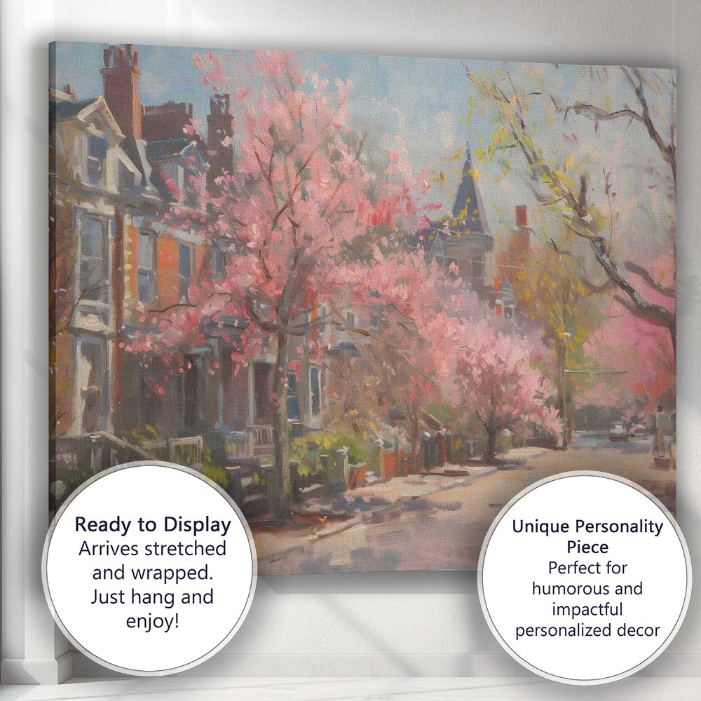 Impressionist Pink Blossom Tree Historic Town Street Spring Canvas Wall Art Print Decor Picture Ready to Hang