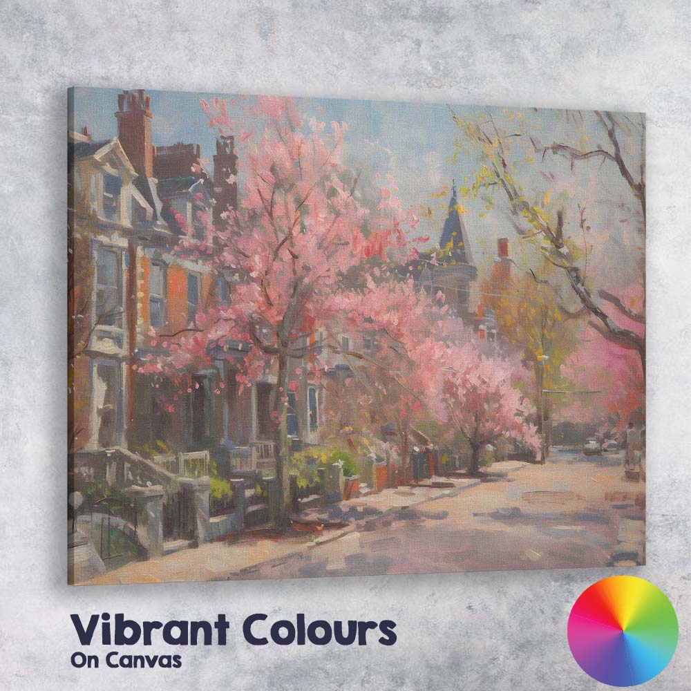Impressionist Pink Blossom Tree Historic Town Street Spring Canvas Wall Art Print Decor Picture Ready to Hang