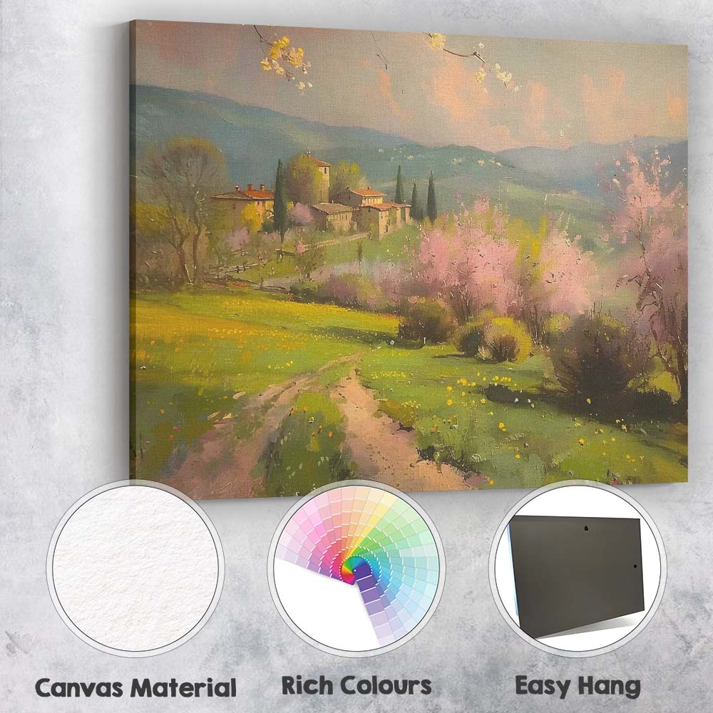 Tuscan Countryside Pink Blossom Trees Rural Village Landscape Canvas Wall Art Print Decor Picture Ready to Hang