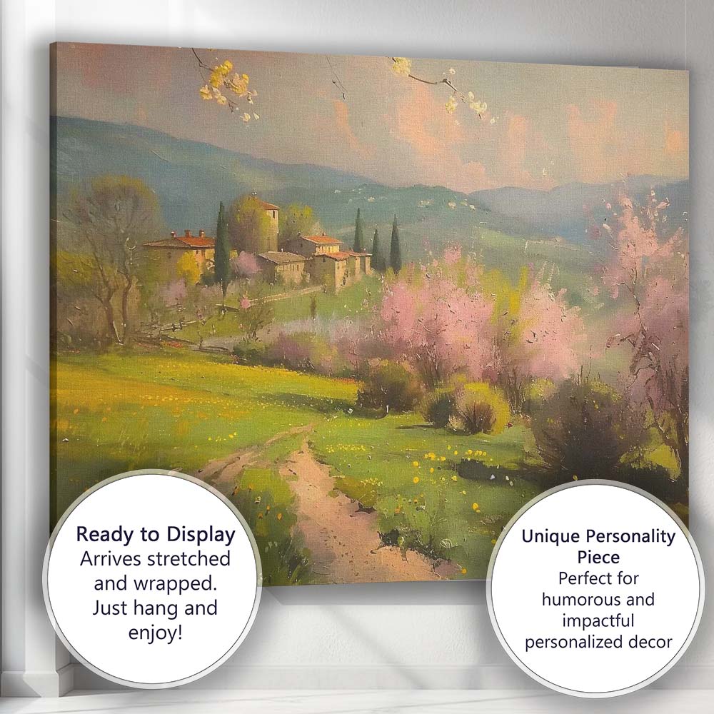Tuscan Countryside Pink Blossom Trees Rural Village Landscape Canvas Wall Art Print Decor Picture Ready to Hang