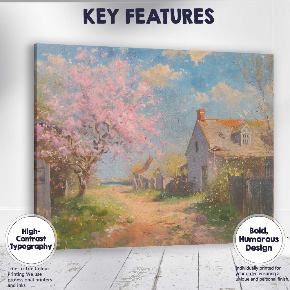 Spring Blossom Coastal Village Country Lane Impressionist Canvas Wall Art Print Decor Picture Ready to Hang