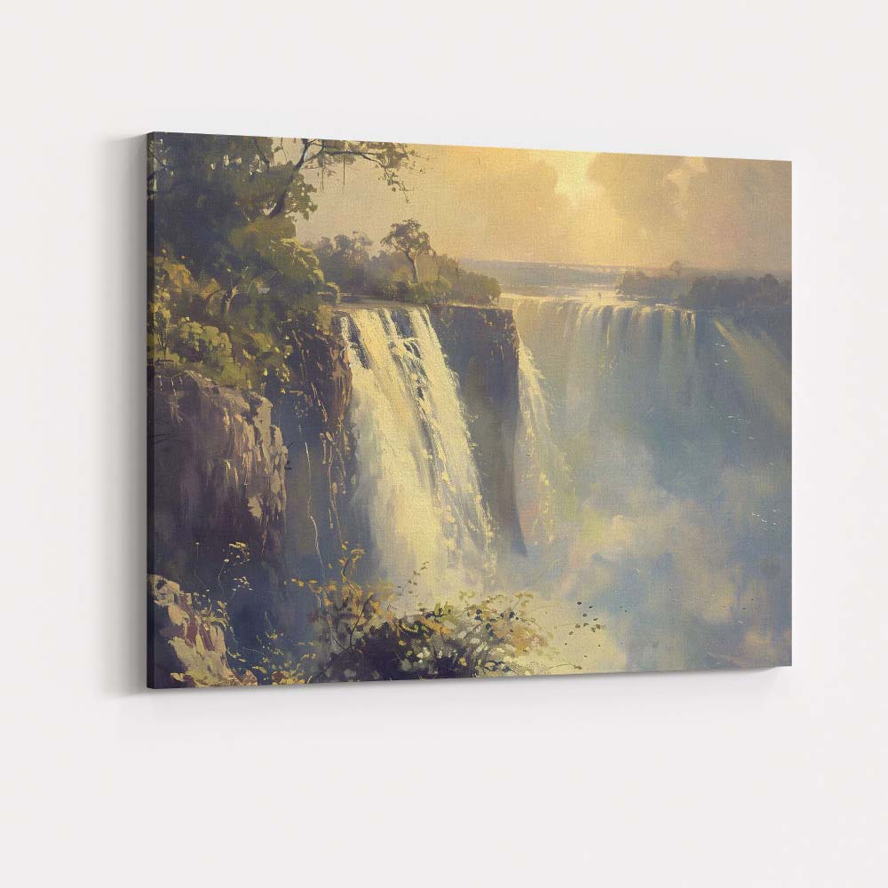 Golden Light Waterfall Cliff Landscape Impressionist Nature Canvas Wall Art Print Decor Picture Ready to Hang
