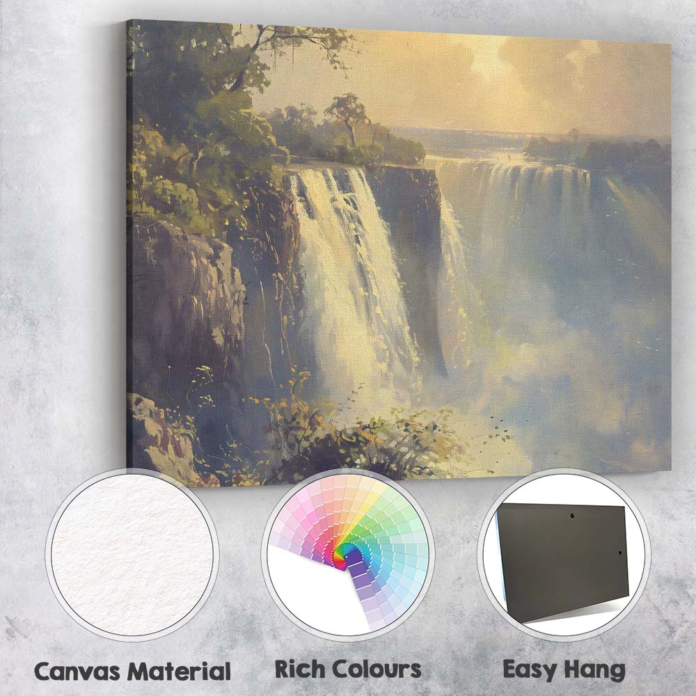 Golden Light Waterfall Cliff Landscape Impressionist Nature Canvas Wall Art Print Decor Picture Ready to Hang