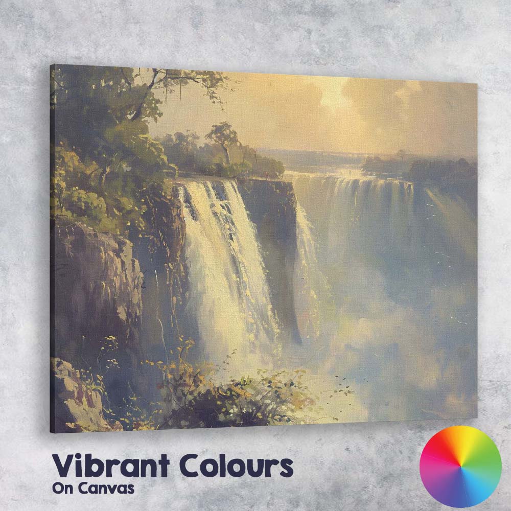 Golden Light Waterfall Cliff Landscape Impressionist Nature Canvas Wall Art Print Decor Picture Ready to Hang