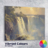 Golden Light Waterfall Cliff Landscape Impressionist Nature Canvas Wall Art Print Decor Picture Ready to Hang