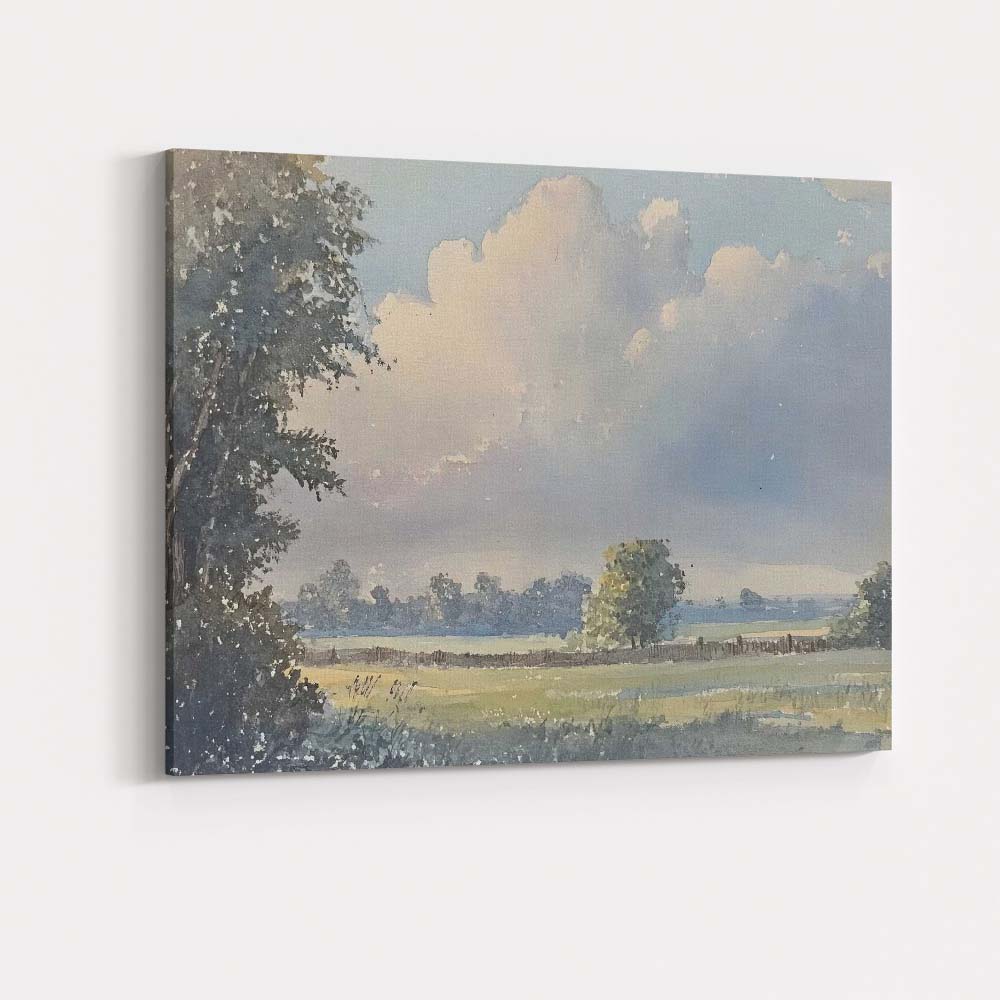 Soft Watercolour Countryside Meadow Cloudy Sky Landscape Canvas Wall Art Print Decor Picture Ready to Hang