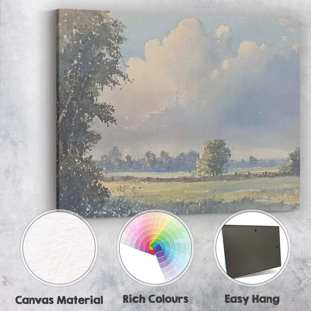 Soft Watercolour Countryside Meadow Cloudy Sky Landscape Canvas Wall Art Print Decor Picture Ready to Hang