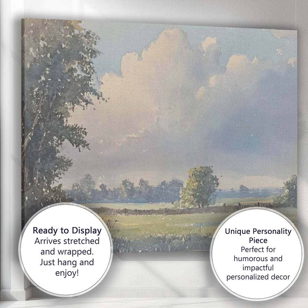 Soft Watercolour Countryside Meadow Cloudy Sky Landscape Canvas Wall Art Print Decor Picture Ready to Hang