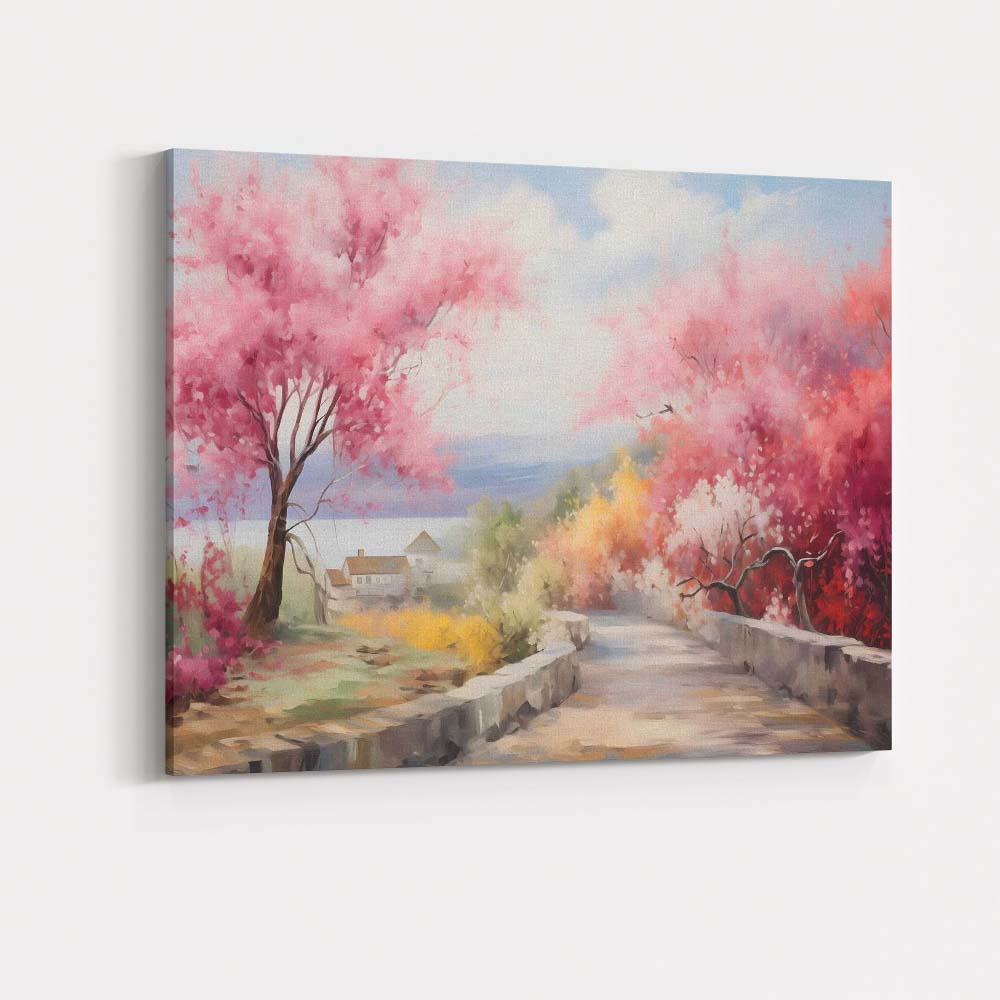 Dreamy Pink Blossom Tree Country Lane Spring Landscape Canvas Wall Art Print Decor Picture Ready to Hang