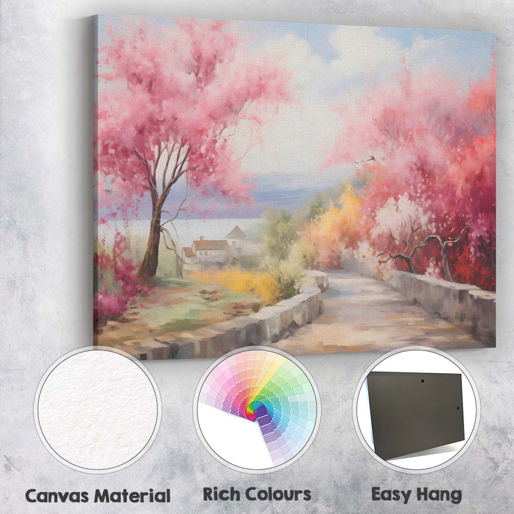 Dreamy Pink Blossom Tree Country Lane Spring Landscape Canvas Wall Art Print Decor Picture Ready to Hang