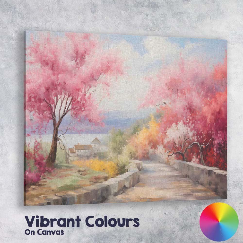 Dreamy Pink Blossom Tree Country Lane Spring Landscape Canvas Wall Art Print Decor Picture Ready to Hang