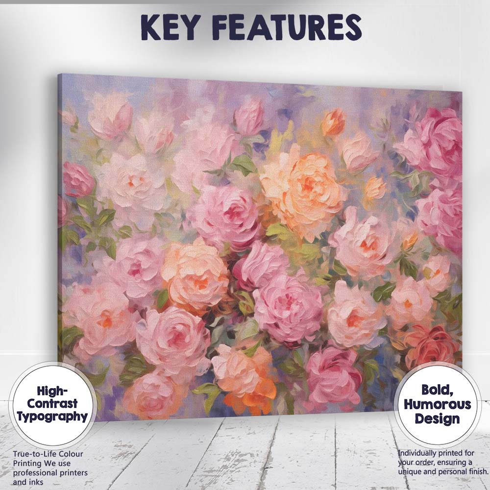 Romantic Blush Pink Rose Garden Impressionist Floral Canvas Wall Art Print Decor Picture Ready to Hang