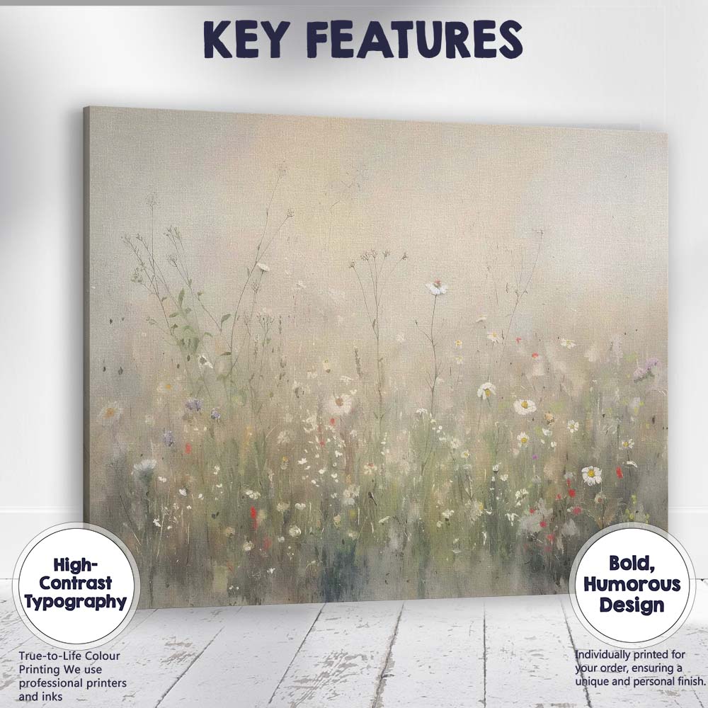 Delicate Wildflower Meadow Soft Neutral Botanical Canvas Wall Art Print Decor Picture Ready to Hang