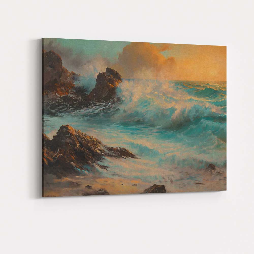 Dramatic Turquoise Ocean Waves Rocky Coast Sunset Seascape Canvas Wall Art Print Decor Picture Ready to Hang