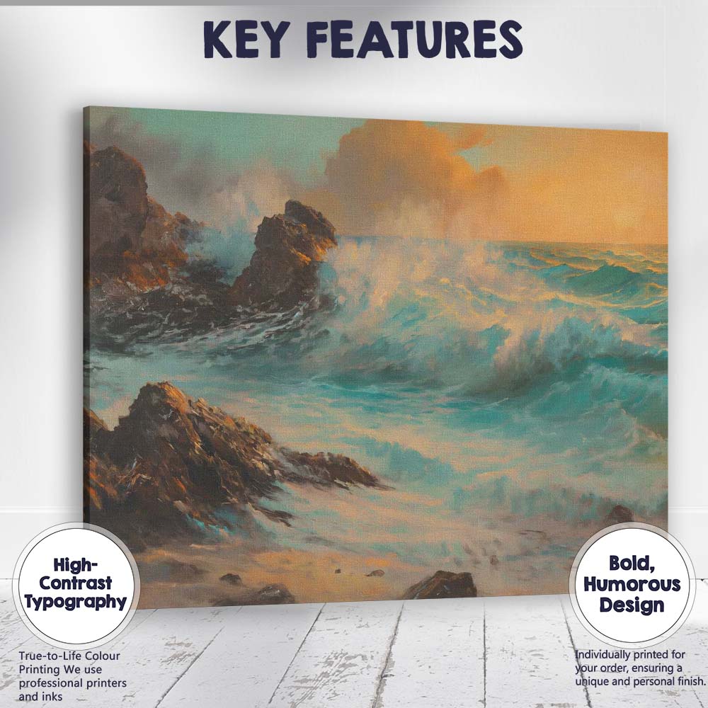 Dramatic Turquoise Ocean Waves Rocky Coast Sunset Seascape Canvas Wall Art Print Decor Picture Ready to Hang