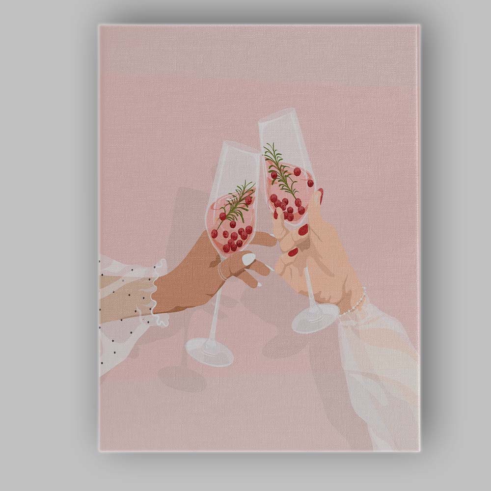 Pink Botanical Cocktail Toast Illustration Canvas Wall Art Print Decor Picture Ready to Hang