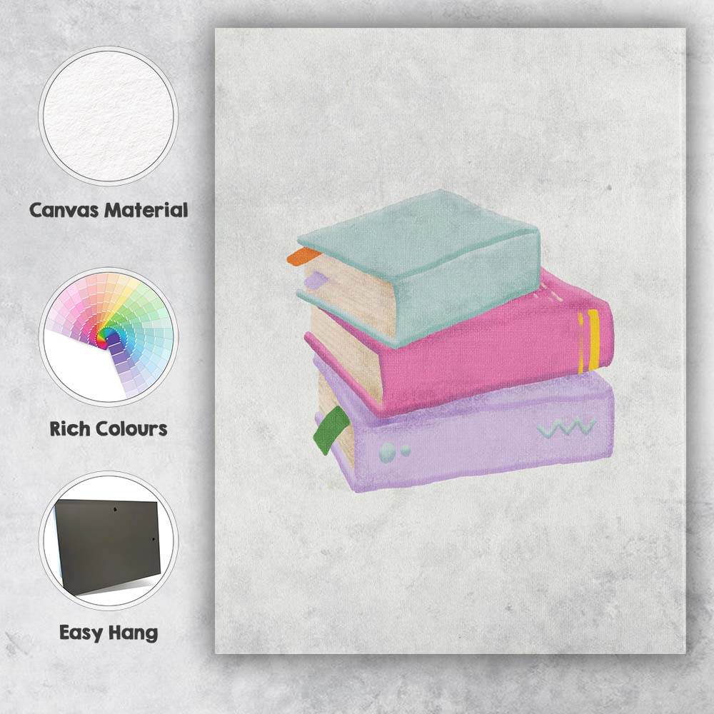 Pastel Stacked Books Watercolour Illustration Canvas Wall Art Print Decor Picture Ready to Hang