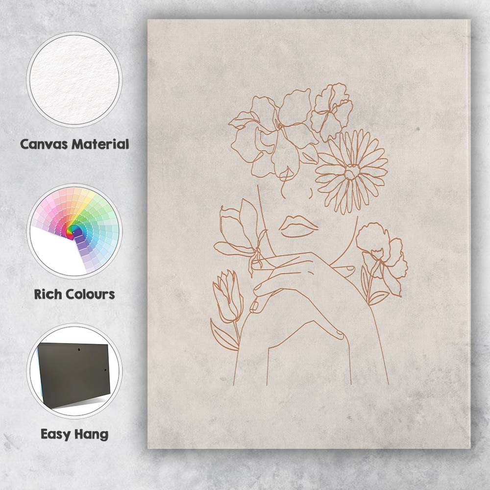 Beige Woman Floral Face Line Art Canvas Wall Art Print Decor Picture Ready to Hang