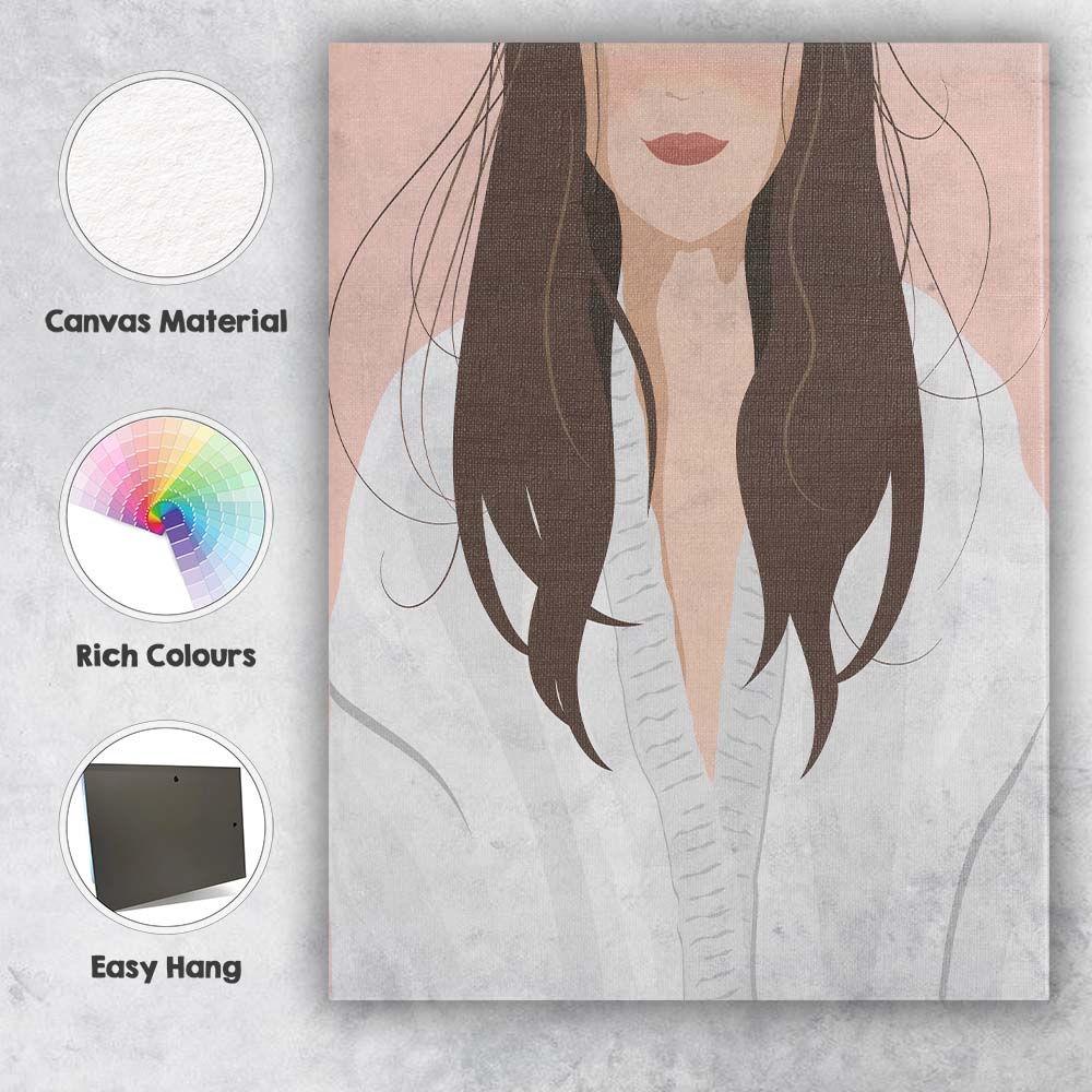 Dark Hair Woman Minimal Portrait Illustration Canvas Wall Art Print Decor Picture Ready to Hang