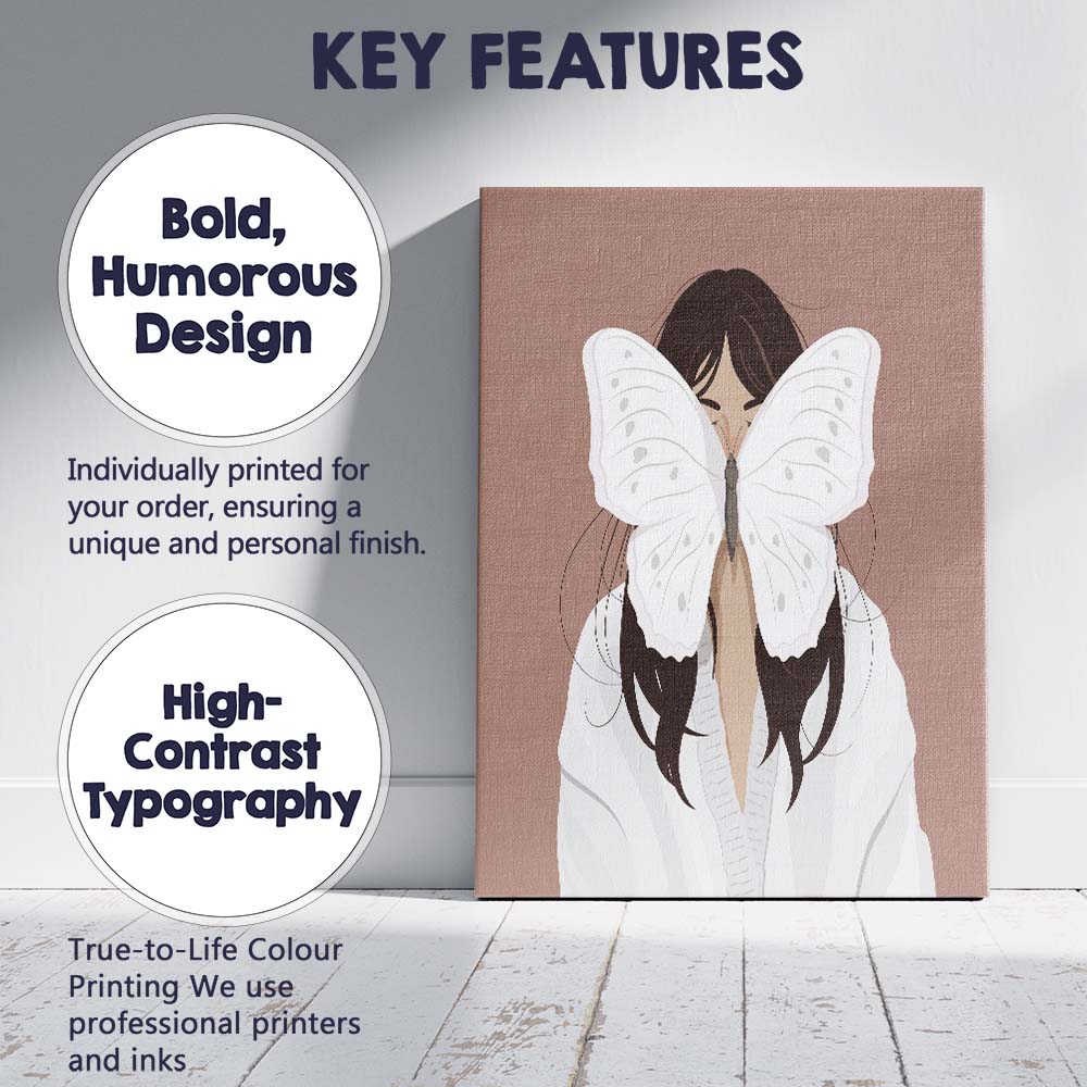 White Butterfly Woman Portrait Illustration Canvas Wall Art Print Decor Picture Ready to Hang