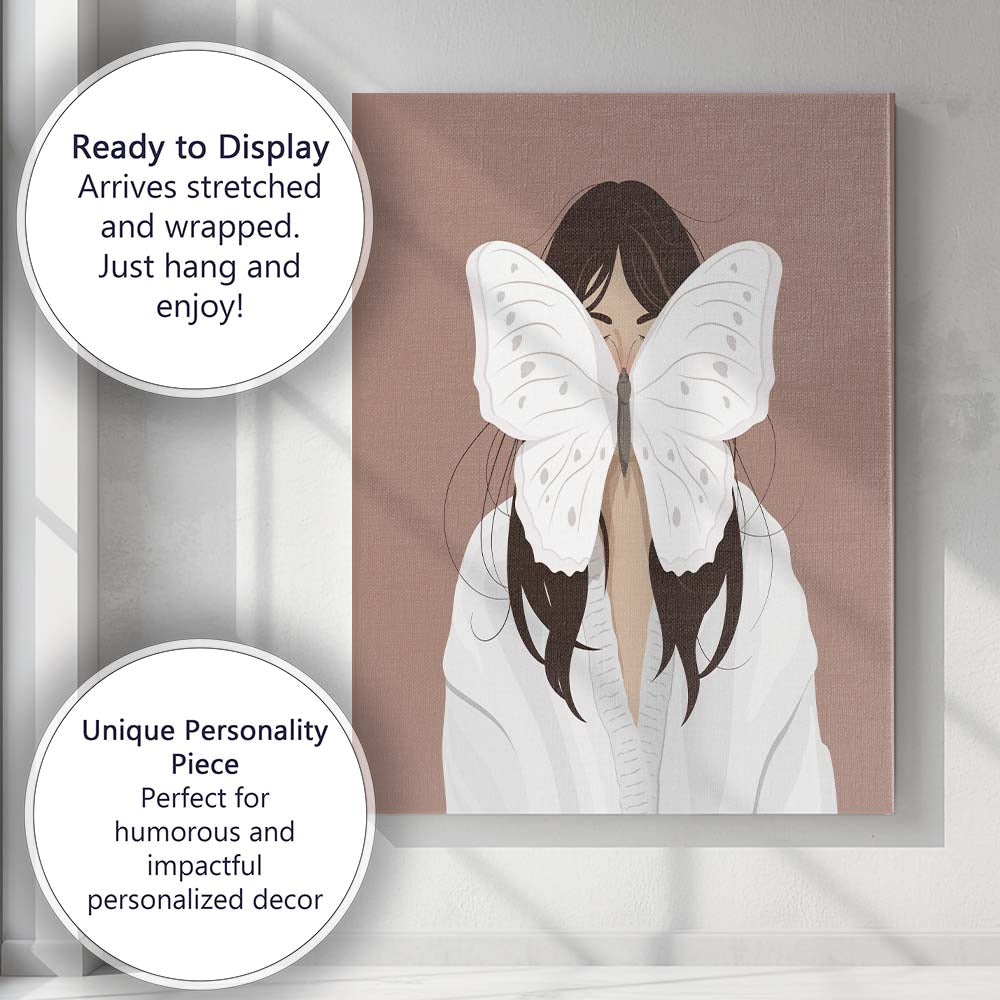 White Butterfly Woman Portrait Illustration Canvas Wall Art Print Decor Picture Ready to Hang