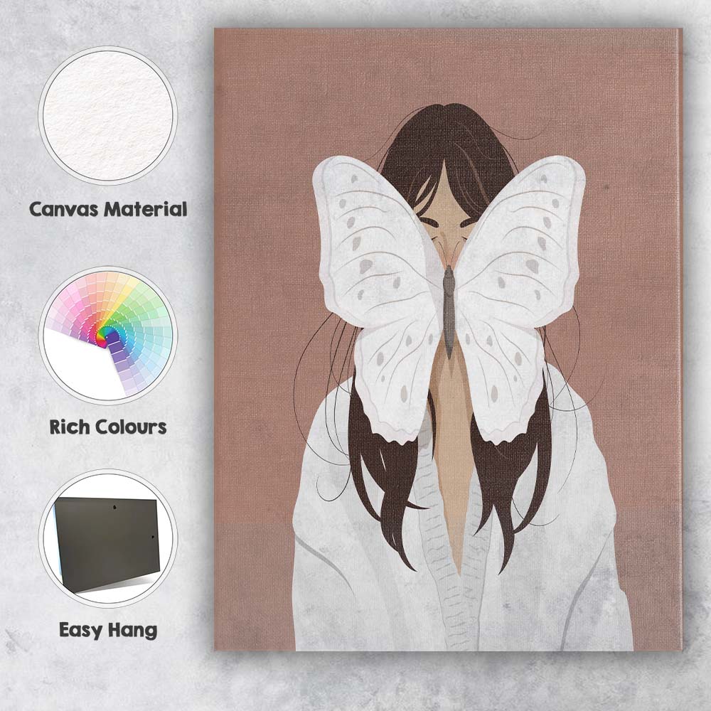 White Butterfly Woman Portrait Illustration Canvas Wall Art Print Decor Picture Ready to Hang