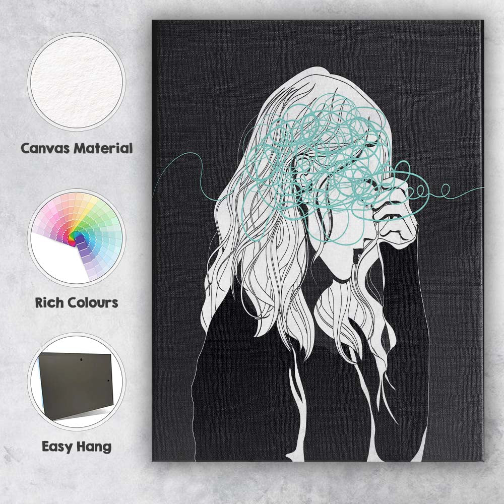 Anxious Woman Scribble Line Art Illustration Canvas Wall Art Print Decor Picture Ready to Hang