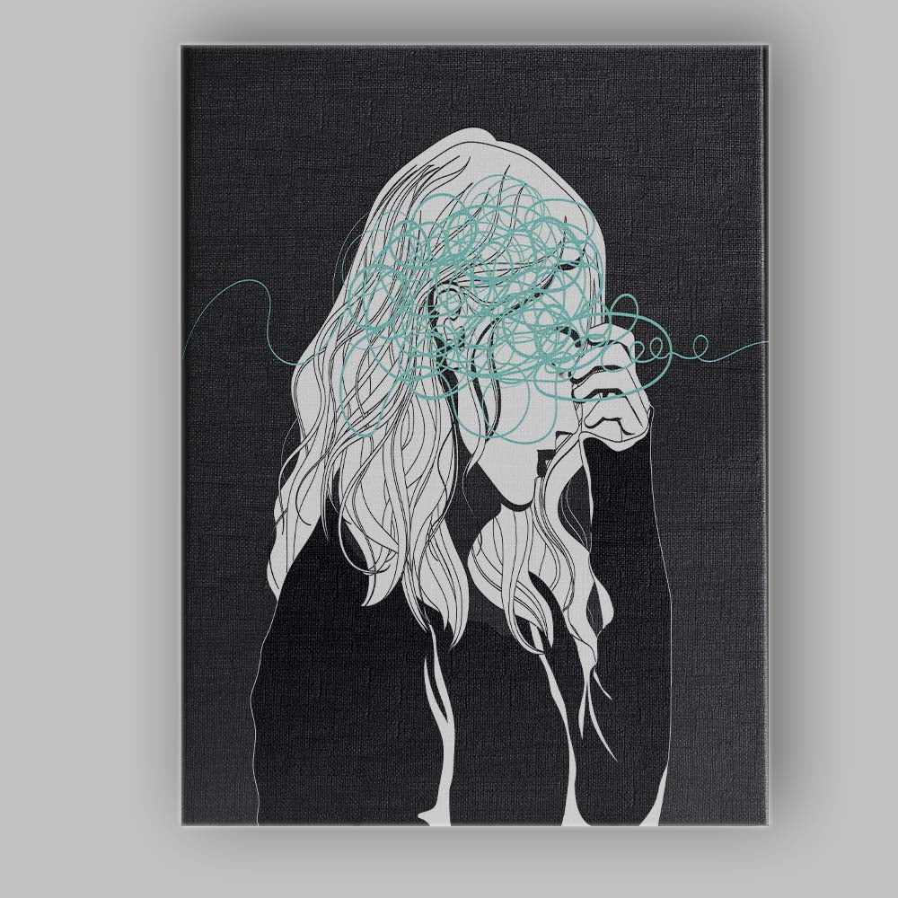 Anxious Woman Scribble Line Art Illustration Canvas Wall Art Print Decor Picture Ready to Hang