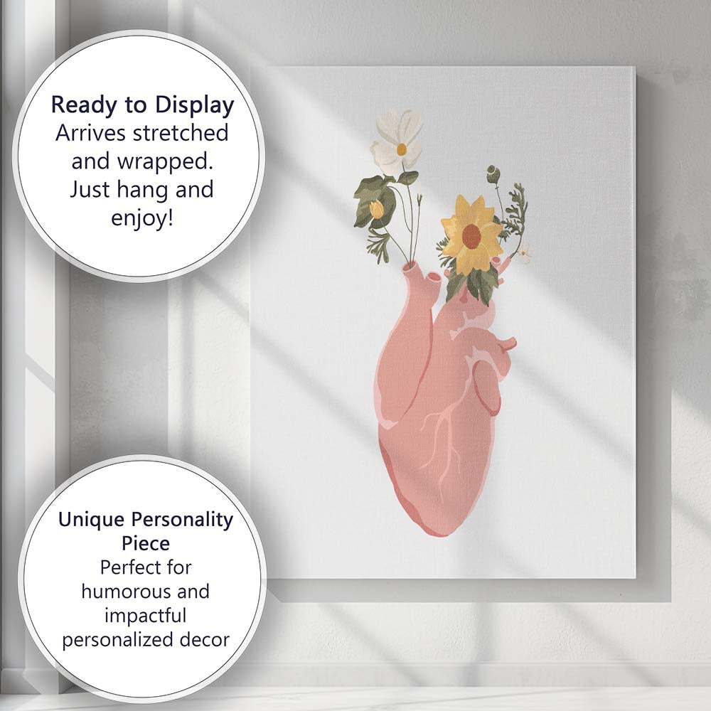 Pink Anatomical Heart Floral Illustration Canvas Wall Art Print Decor Picture Ready to Hang