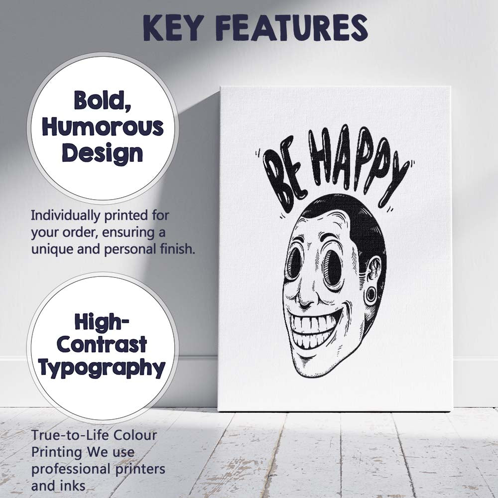 Be Happy Smiling Face Illustration Canvas Wall Art Print Decor Picture Ready to Hang