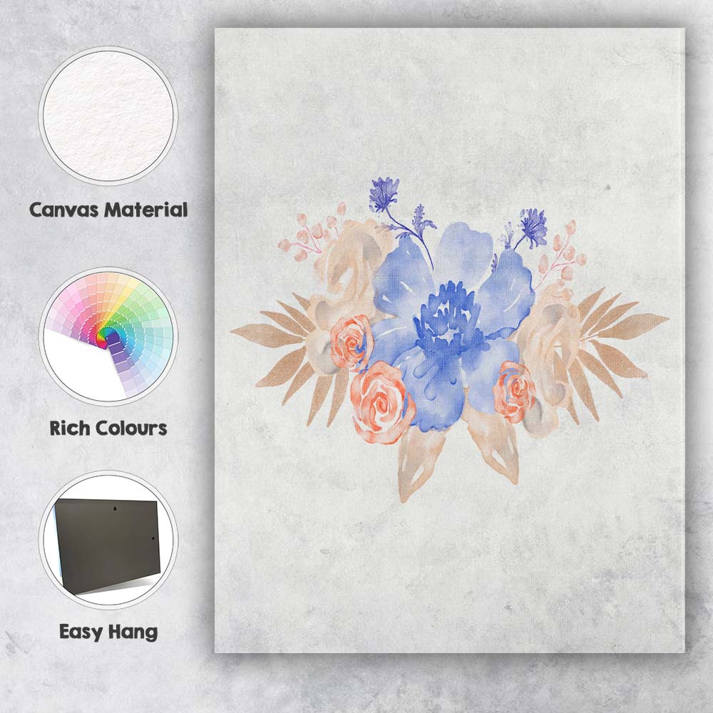 Blue Peach Floral Watercolour Spray Canvas Wall Art Print Decor Picture Ready to Hang