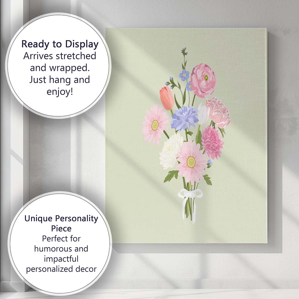 Pastel Tied Flower Bouquet Illustration Canvas Wall Art Print Decor Picture Ready to Hang