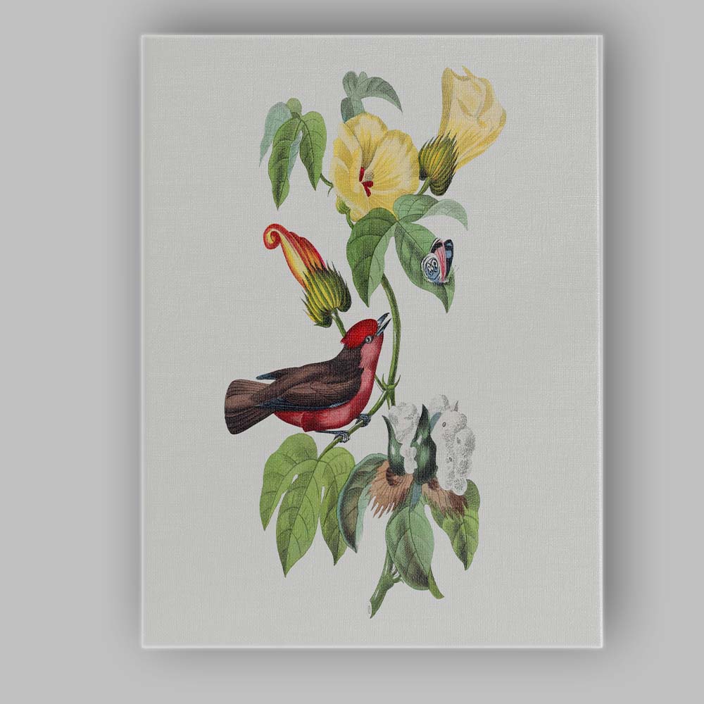 Red Bird Yellow Flower Botanical Canvas Wall Art Print Decor Picture Ready to Hang