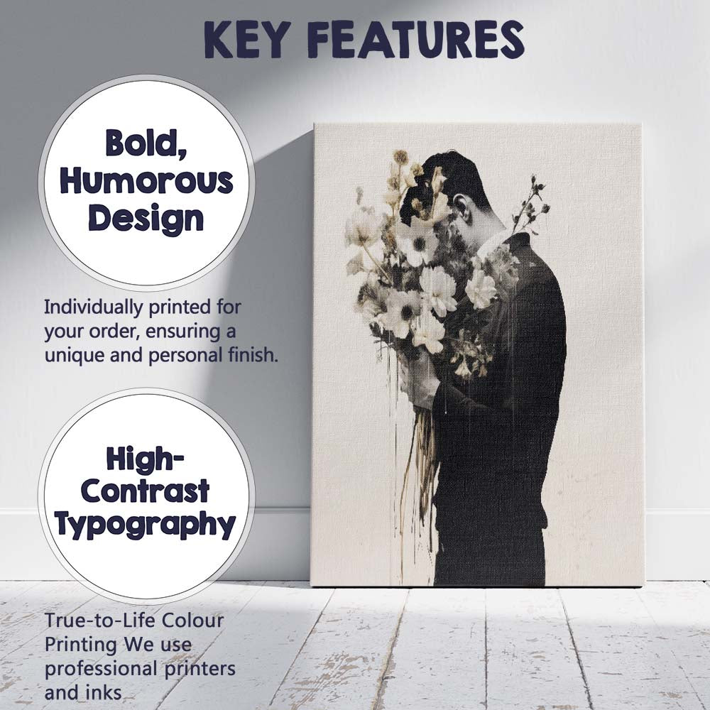 Monochrome Man Holding White Flowers Portrait Canvas Wall Art Print Decor Picture Ready to Hang