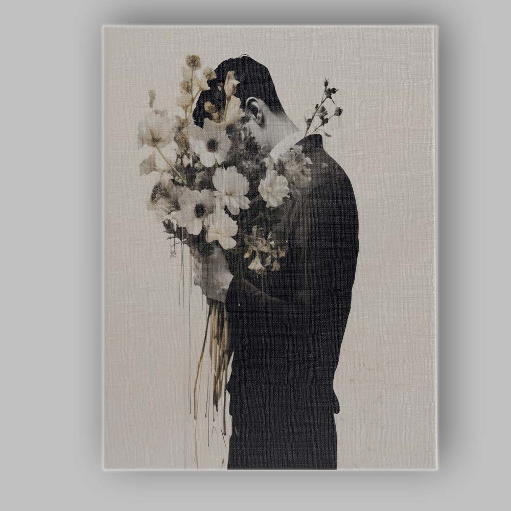 Monochrome Man Holding White Flowers Portrait Canvas Wall Art Print Decor Picture Ready to Hang