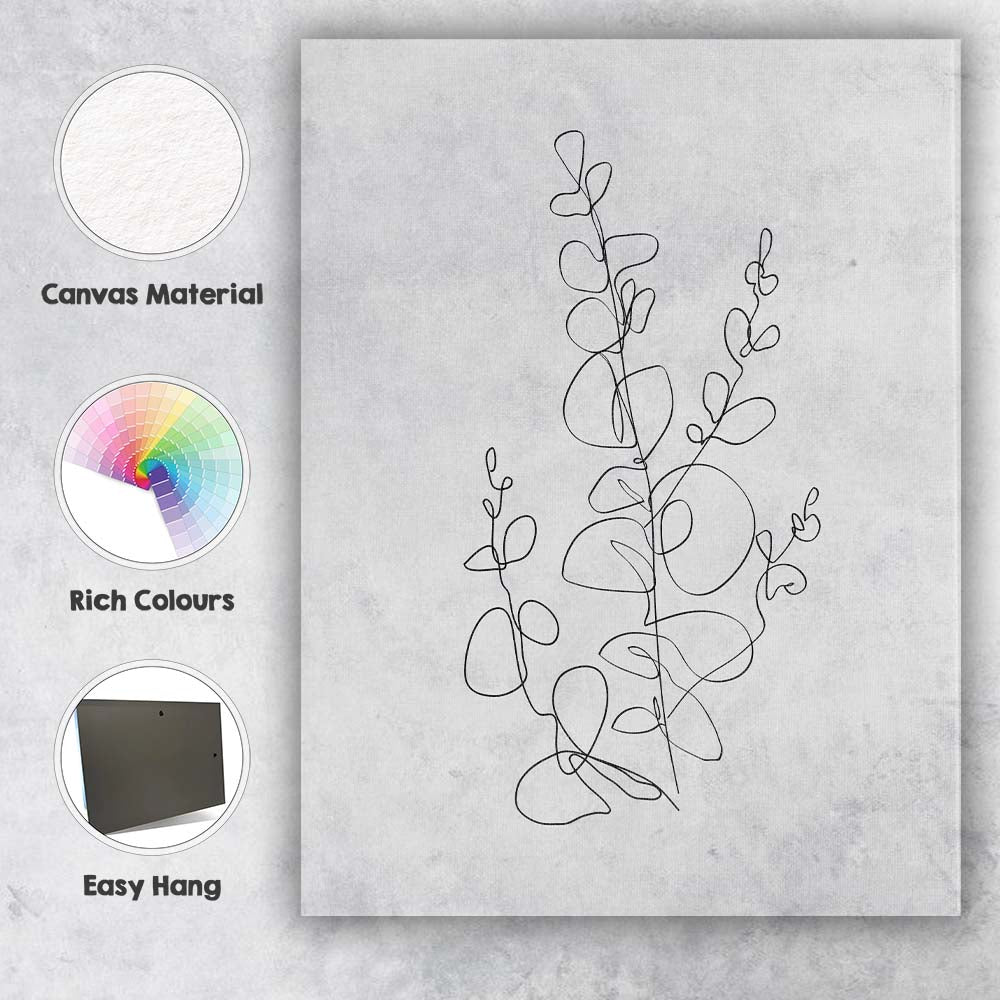 Minimal Black Line Eucalyptus Leaf Drawing Canvas Wall Art Print Decor Picture Ready to Hang