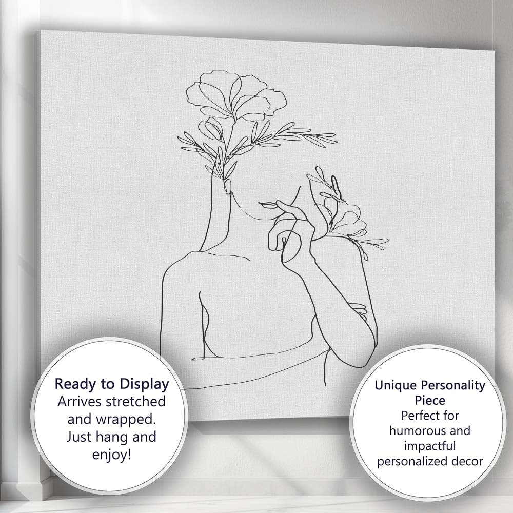 Minimal Woman Flower Face Line Drawing Canvas Wall Art Print Decor Picture Ready to Hang