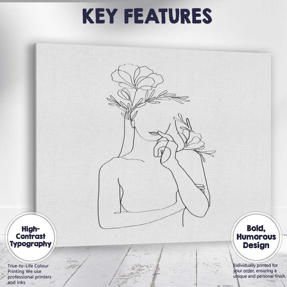 Minimal Woman Flower Face Line Drawing Canvas Wall Art Print Decor Picture Ready to Hang