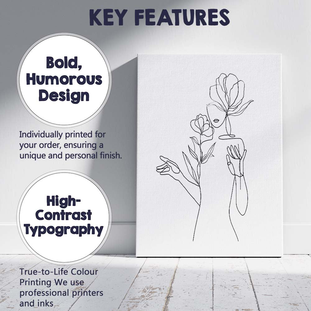 Minimal Woman Floral Hand Line Drawing Canvas Wall Art Print Decor Picture Ready to Hang