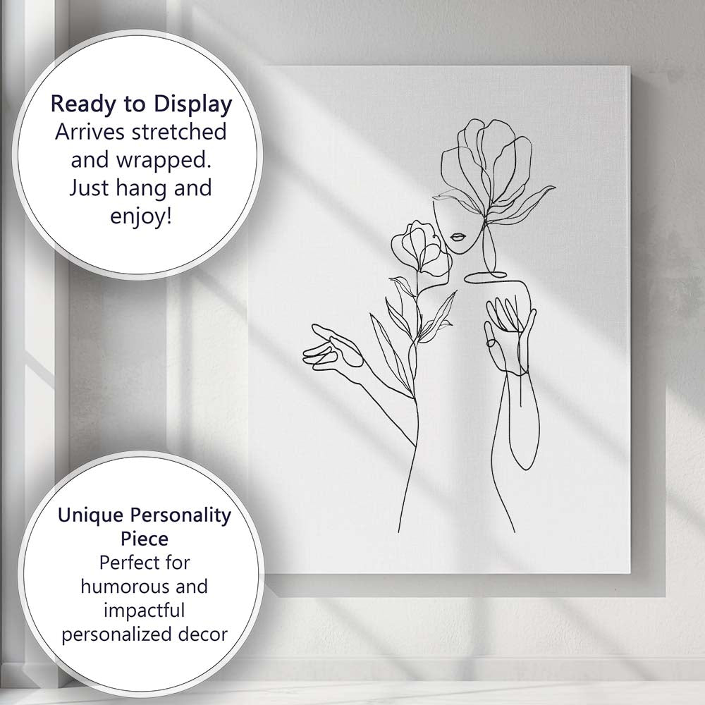 Minimal Woman Floral Hand Line Drawing Canvas Wall Art Print Decor Picture Ready to Hang
