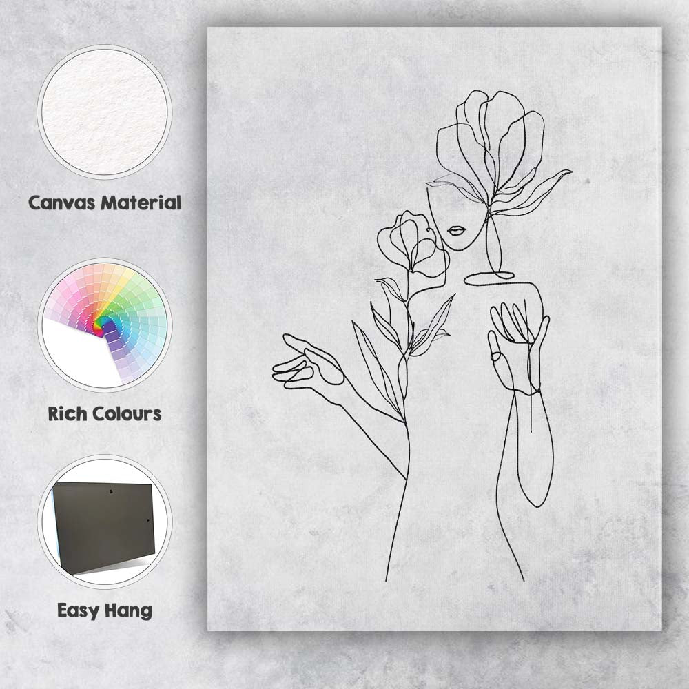 Minimal Woman Floral Hand Line Drawing Canvas Wall Art Print Decor Picture Ready to Hang