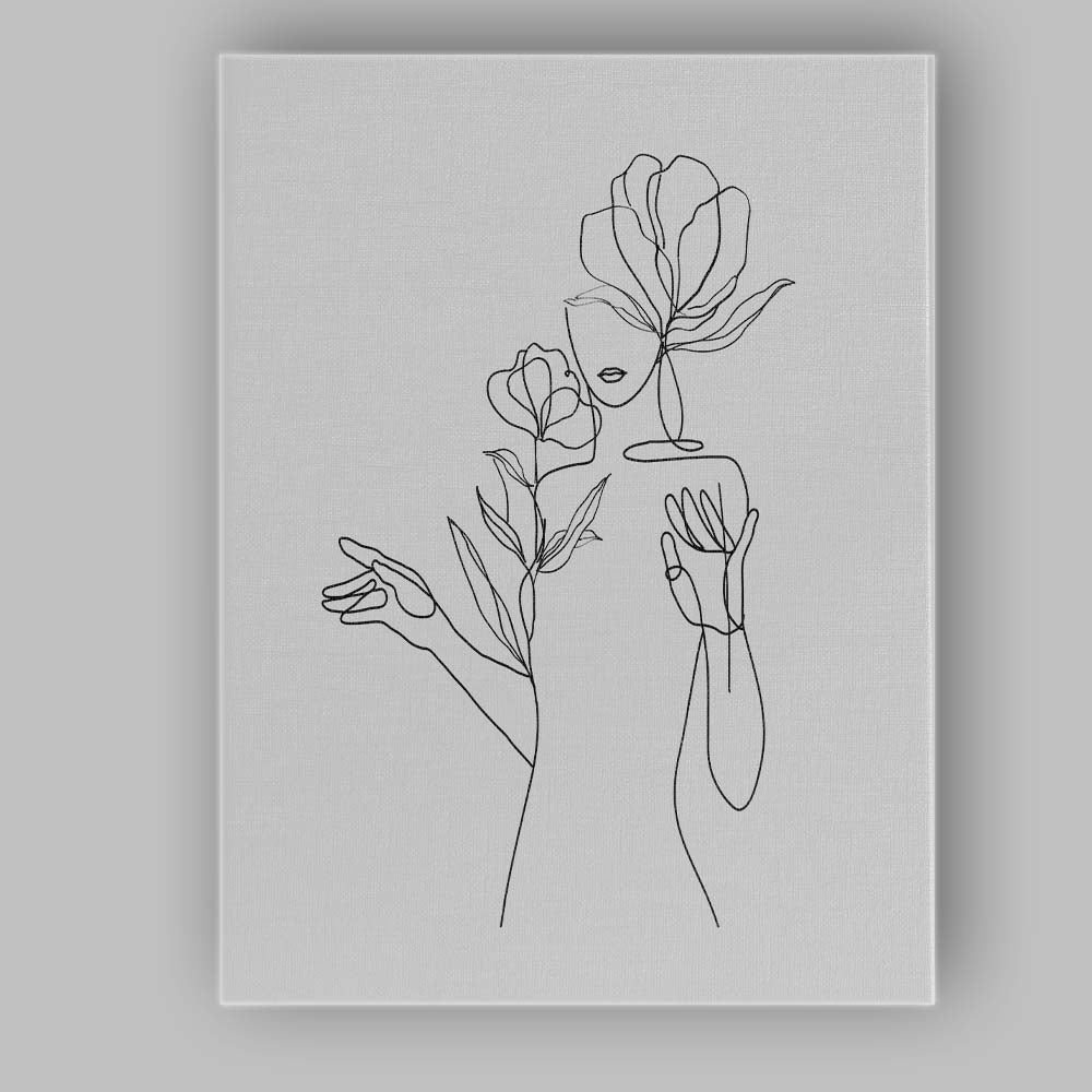 Minimal Woman Floral Hand Line Drawing Canvas Wall Art Print Decor Picture Ready to Hang