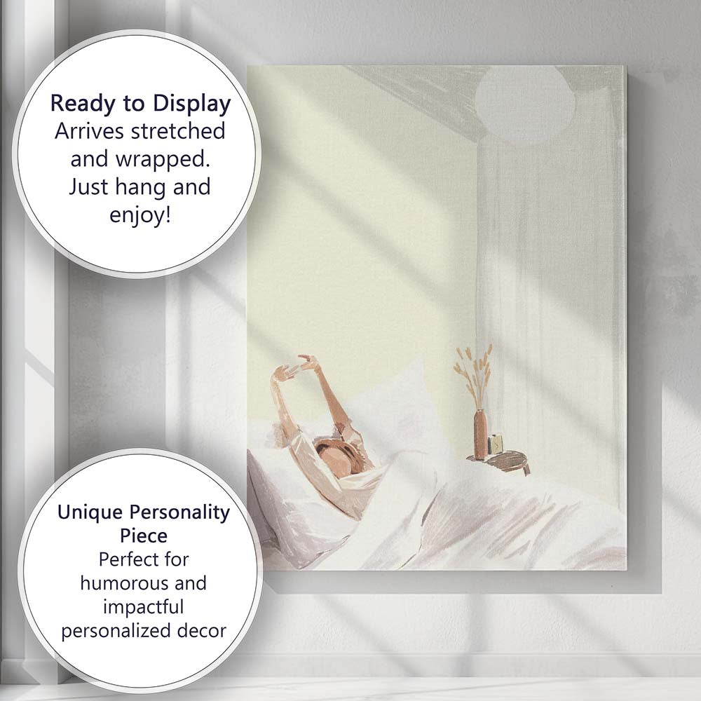Morning Bedroom Woman Stretching Illustration Canvas Wall Art Print Decor Picture Ready to Hang