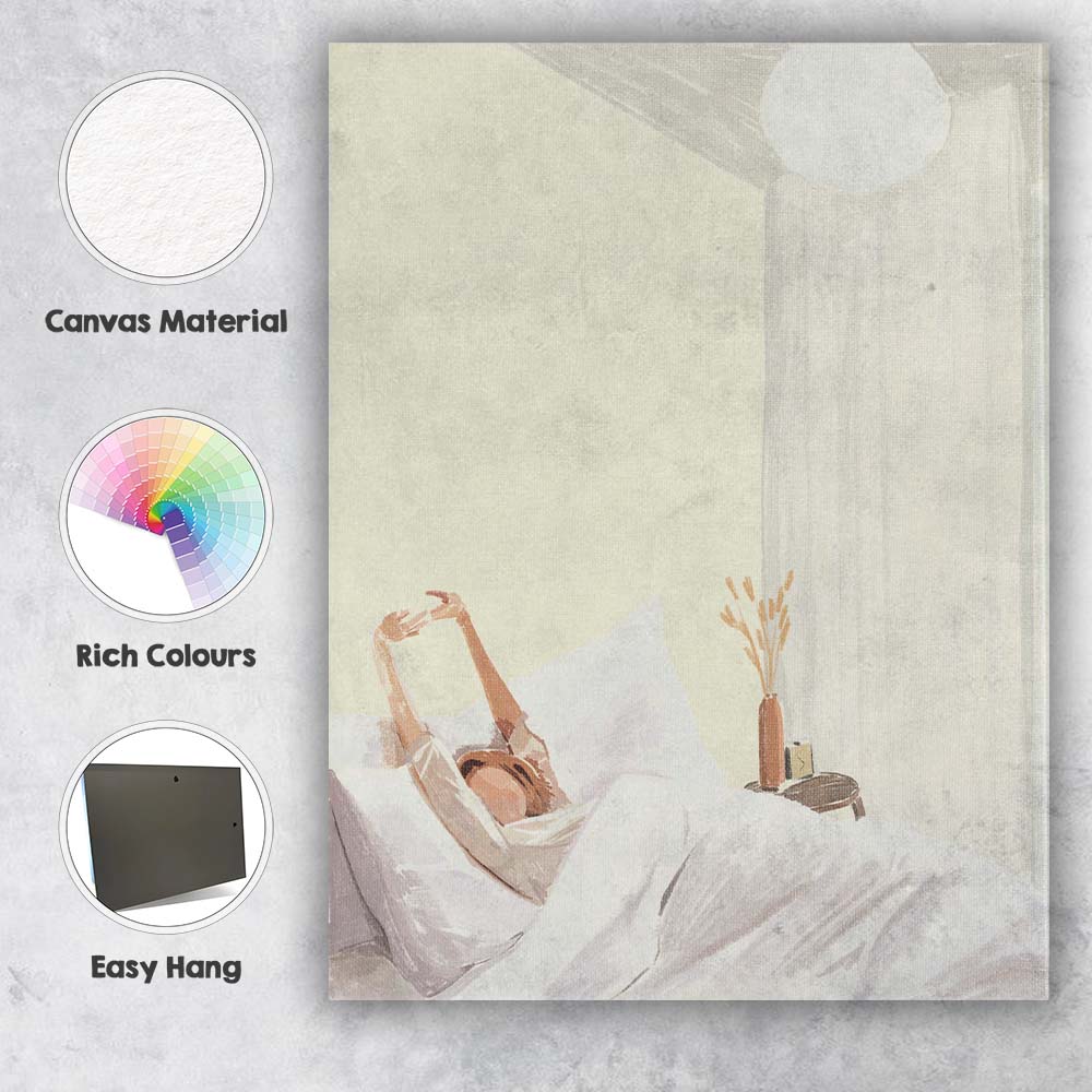 Morning Bedroom Woman Stretching Illustration Canvas Wall Art Print Decor Picture Ready to Hang