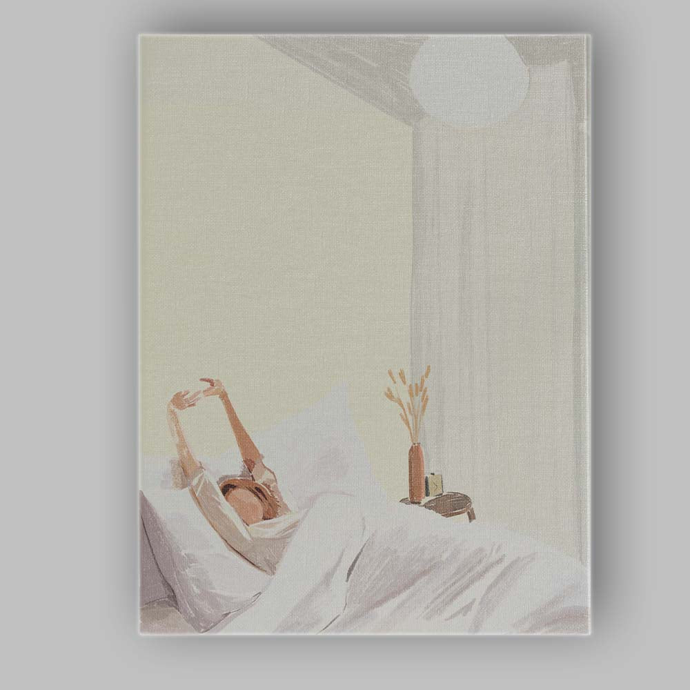 Morning Bedroom Woman Stretching Illustration Canvas Wall Art Print Decor Picture Ready to Hang