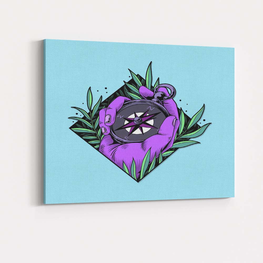 Purple Hand Compass Adventure Illustration Canvas Wall Art Print Decor Picture Ready to Hang