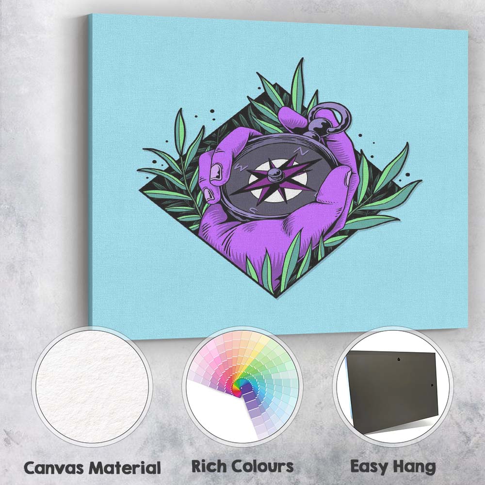 Purple Hand Compass Adventure Illustration Canvas Wall Art Print Decor Picture Ready to Hang